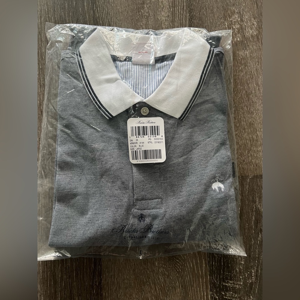 NWT Brooks Brothers Blue and White Polo with White Collar Size L